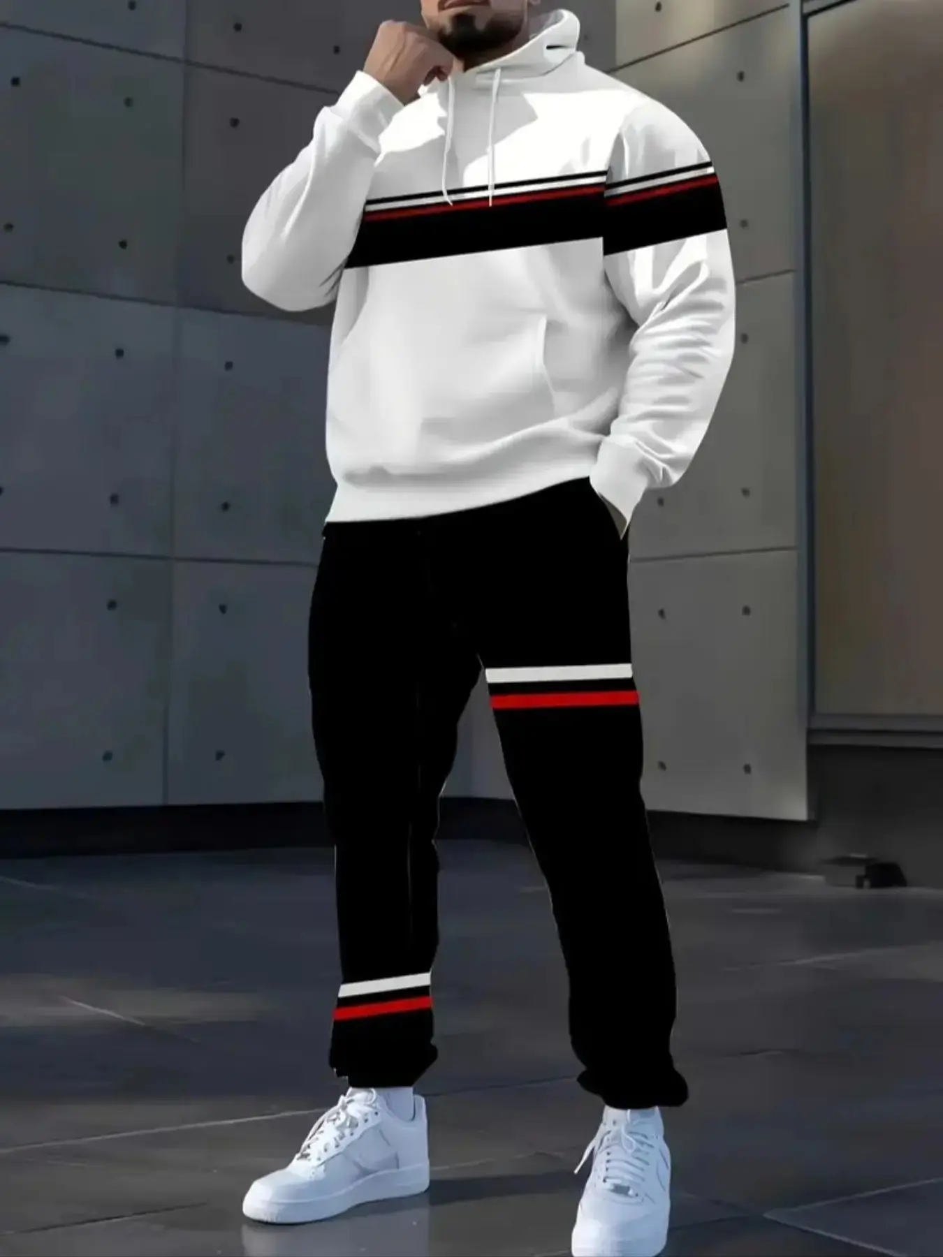 Men's Fashion Striped 3D Printed Long Sleeve Fitted Hoodie and Drawstring Sweatpants Set, Casual Running Workout, Athletic Fashion Activewear, Two-Piece Top and Pants Combo, Athleisure Set, Athleisure Tracksuit Outfit, Athleisure Sweatsuit