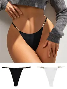 Women's 2pcs Ring Linked Solid Thong, Breathable Comfortable Seamless Underwear For Daily Wear, Women's Knickers For All Seasons