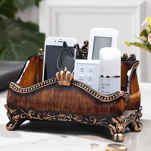 -Vintage Brown Resin Remote Control Holder – Elegant Living Room Storage Box and Home Decor