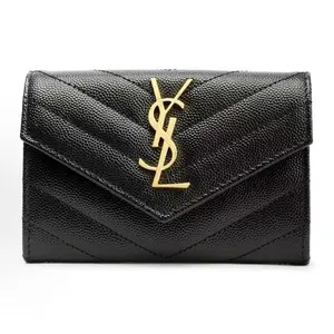 Pre-owned Yves Saint Laurent Grain De Poudre Calfskin Small Leather Goods Grain De Poudre Matelasse Chevron Small Monogram Envelope Wallet Balck