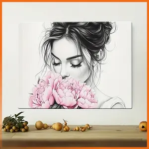 1PC 2D Decorative painting - Canvas painting - Girl smelling pink peonies art - cheap room decor - kitchen decor - pictures - fall decorations clearance - pictures wall decor -posters - fall decorfall decor -room decor