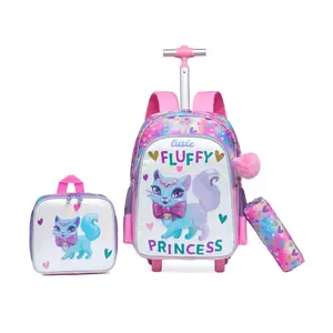 Girls Princess Rolling Backpack 3-Piece Set | Fluffy Cat School Bag with Wheels, Lunch Box & Pencil Case for Kids