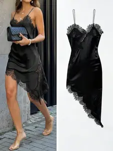 HUACAITA Asymmetrical Lace Patchwork Sexy Satin One-Shoulder Slit Slip Dress, Suitable For Daily Dates, Music Festivals, Parties, Vacations, Beach & Seaside Outfits Black Summer Elegant