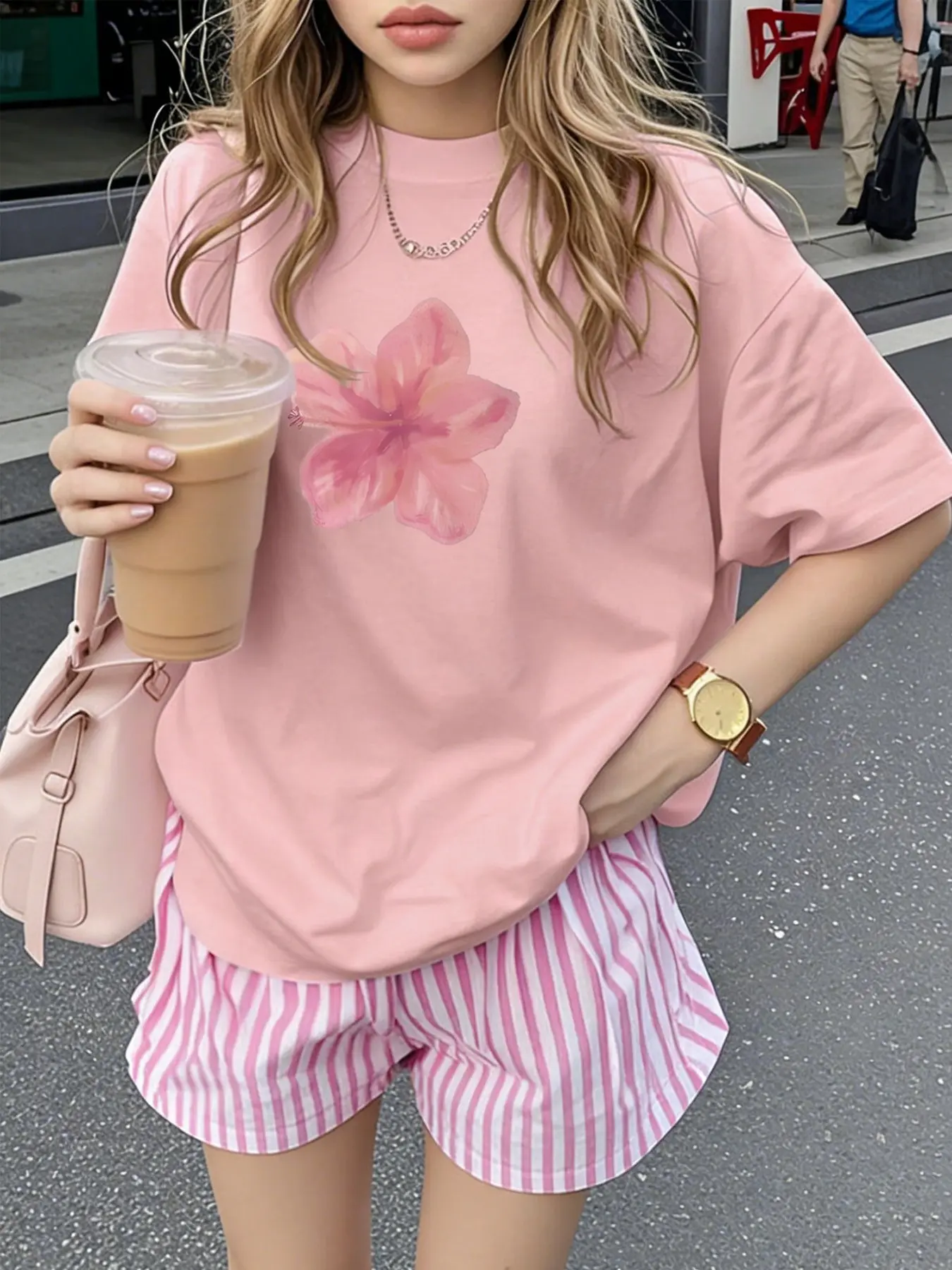Women's Ditsy Floral Print Round Neck T-Shirt + Striped Shorts Set, Womenswear, Casual Loose-Fit T-Shirt, Ideal for Daily Wear, Outdoor Activities