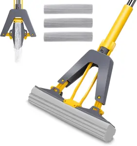 Self Squeeze Roller Sponge Mop, Stainless Steel Handle with 3 PVA Absorbent Mop Head Refills for Home Commercial Tile Floor Bathroom Garage Cleaning