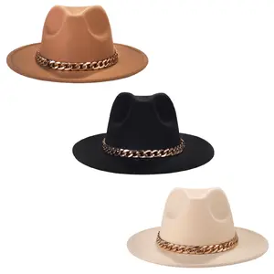 Men's Women's Wide Brim Fedora Hat with Cuban Chain Jazz Panama Cap