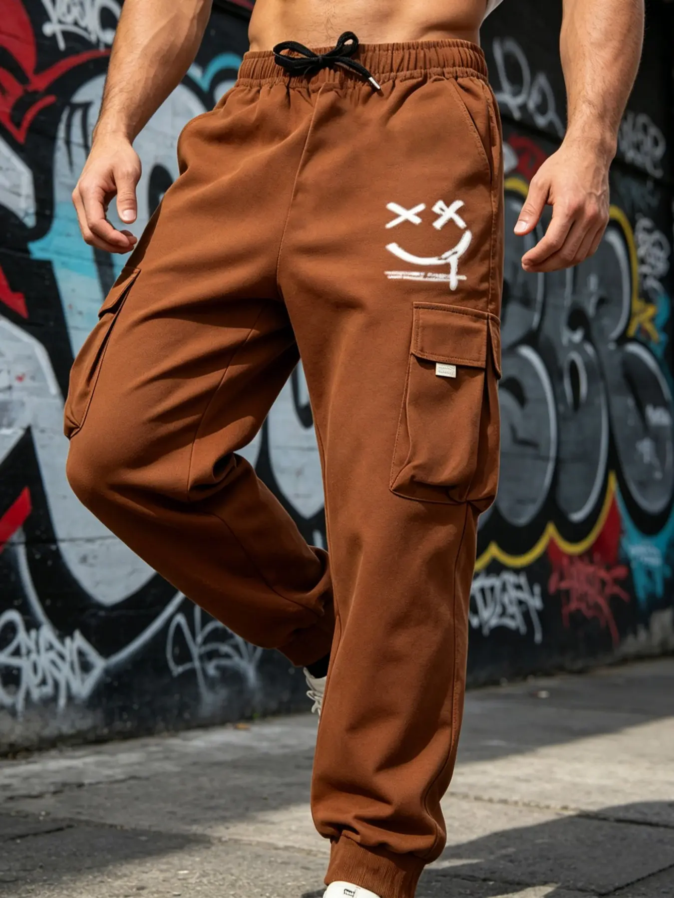 Men's Cargo Trousers with Letter Print, Street Style Fitted Pants, Korean Loose Fit, Casual All-Season, Perfect for Travel, Casual Fitted Pockets, Streetwear, Casual Fashion Bottoms