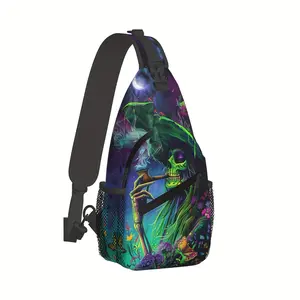 Crossbody Chest Bag Hiking Witch Green Skull & Butterfly Flowers Shoulder Bag Polyester Composite Cloth High Capacity Durable for Shopping Work Leisure Travel Beach Fishing Halloween