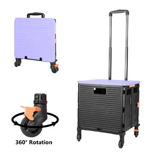 SELORSS BY06S Foldable Utility Cart, Folding Portable Rolling Crate Handcart with Durable Heavy Duty Plastic Telescoping Handle Collapsible 4 Rotate Wheels for Travel Shopping Moving Luggage Office Use（Black+Purple) storage cart