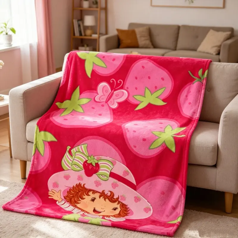 Classic Strawberry Shortcake Fleece Blanket, Vibrant Pink Strawberry Design with Butterfly & Character, Cozy Throw for Bed, Couch & Nursery