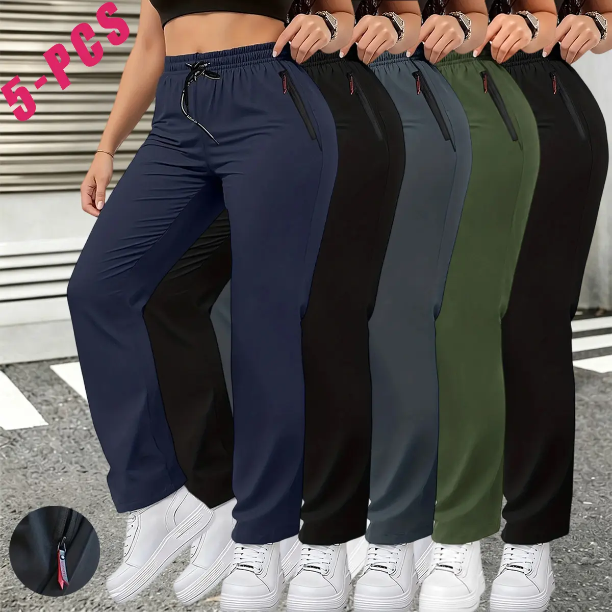 5-pack women’s athletic casual long pants—lightweight and breathable, stylish pocket design, drawstring elastic waistband; casual outdoor long pants suitable for jogging outdoors and everyday wear.