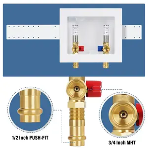 Press Washing Machine Outlet Box with Stainless Steel Water Hammer Arrestor, with Center Drain, 1/2 Inch Press x 3/4 Inch MHT, Washer Faucet Recessed Box, Laundry Washer Valve Outlet Box