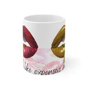 Ceramic 11oz Reusable Washable Mug - "Tastes Like Expensive Habits" Design, Kiss Mark Drinkware for Coffee, Tea
