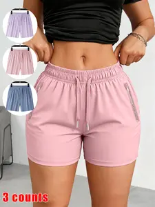 Women's Outdoor Gym Shorts, Fashion Multi-Color Elastic Waist with Zipper Pockets, Casual Running Wear, Daily Leisure, Drawstring Active Shorts