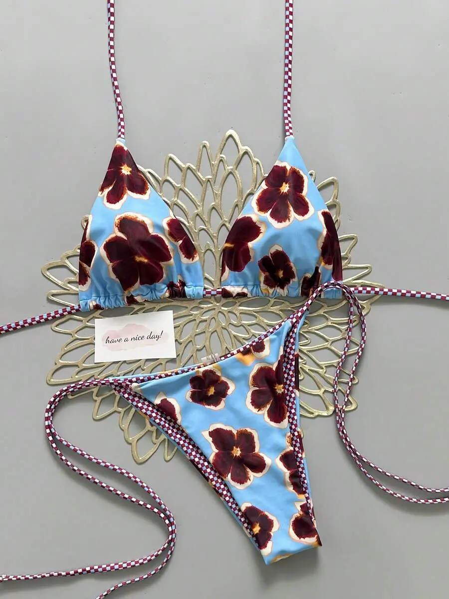 MISSGUIDED 2pcs Retro Floral Colorblock Plaid Print Personality Women Bikini Swimsuit, Suitable For Beach, Pool, Cruise, Party In Spring And Summer