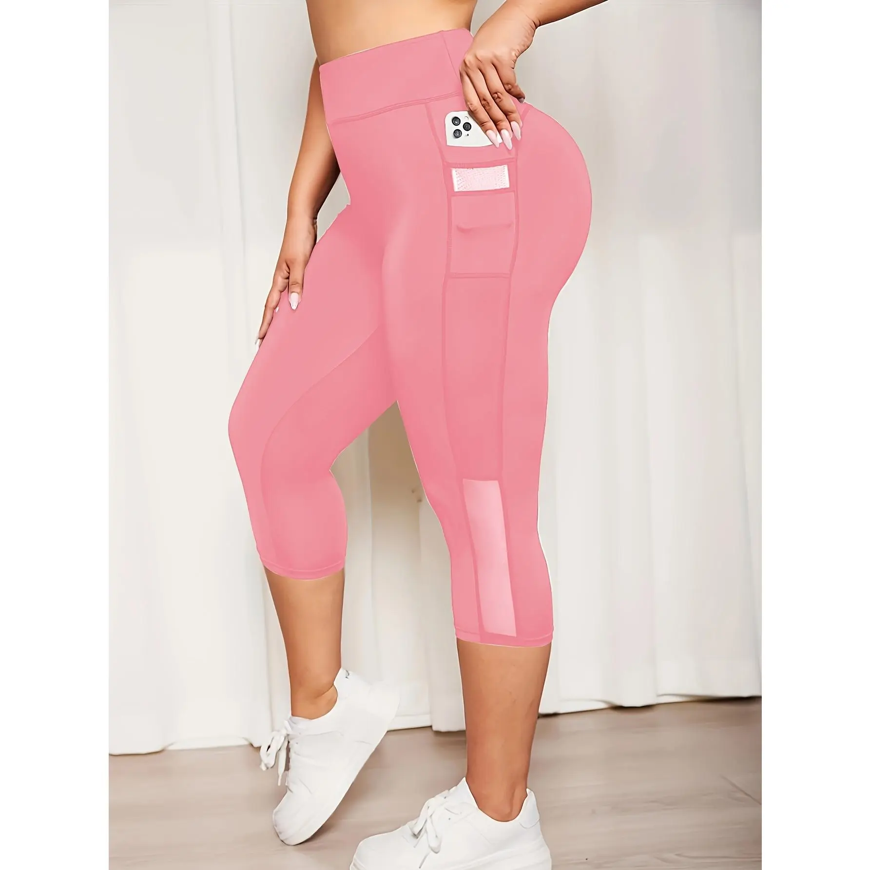 Plus Size Mesh Capri Pants with Pockets, High Waist Tummy Control Sports Yoga Running Leggings Women's Sportswear