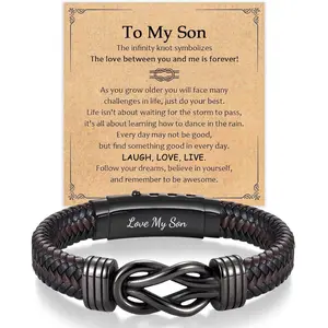 Infinity Leather Bracelet for Men Him Boys, Engraved Love You Son Grandson Nephew  Dad Husband Uncle Christmas Valentines Fathers Birthday Easter Graduation Gifts
