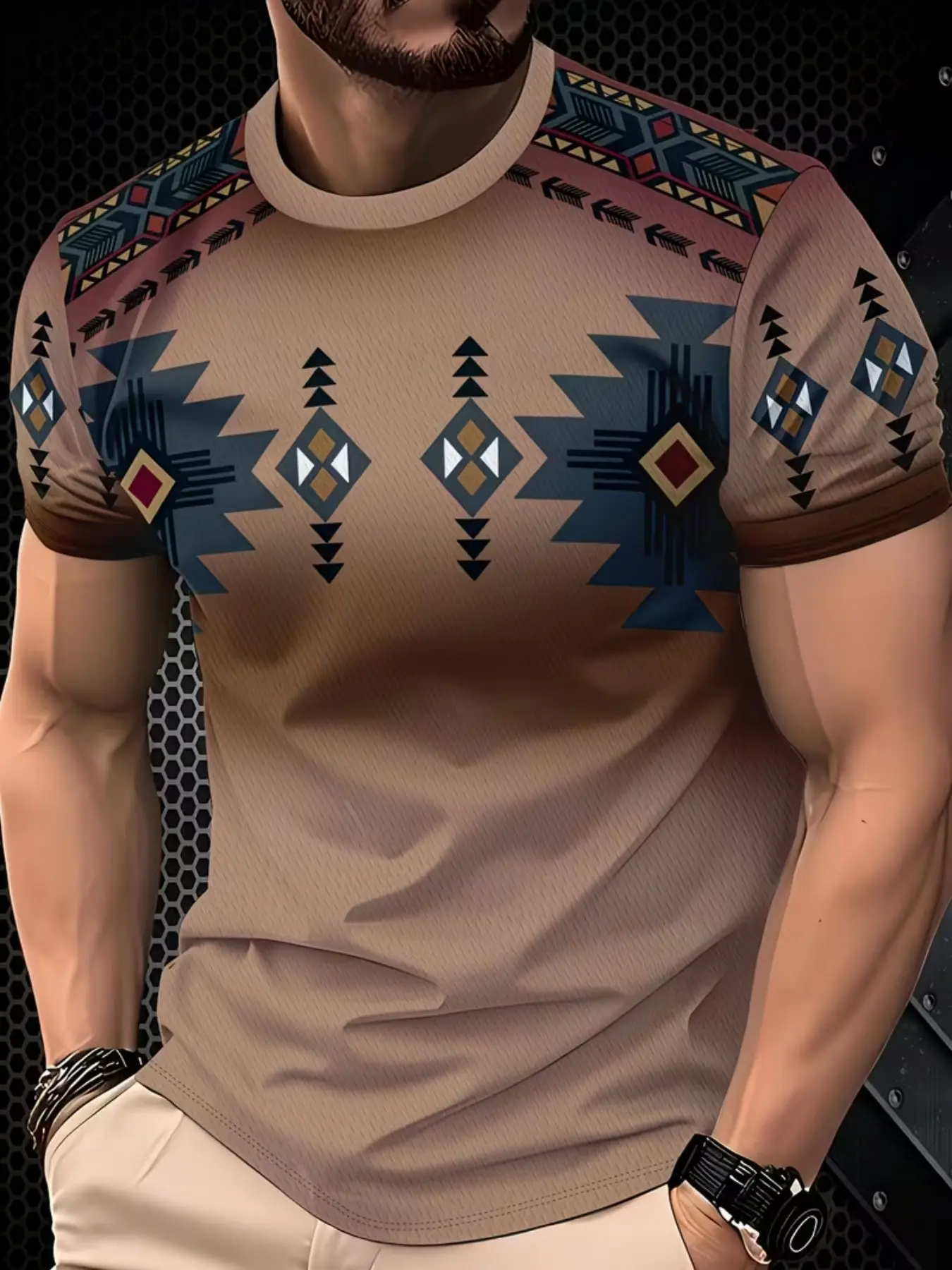 Men's Vintage Ethnic Style Streetwear T-Shirt, Geometric Pattern Print, Casual Round Neck Short Sleeve, Trendy Summer New Arrival, Aztec Design