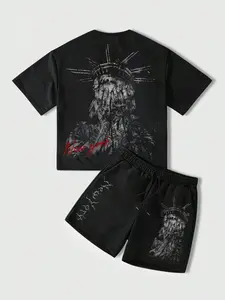 Men's Dark Streetwear Graphic Print Menswear Set: Oversized Relaxed Fit Statue of Liberty Distressed T-Shirt and Drawstring Shorts | 2-Piece Summer Hip Hop Casual Outfit for Urban Grunge Fashion