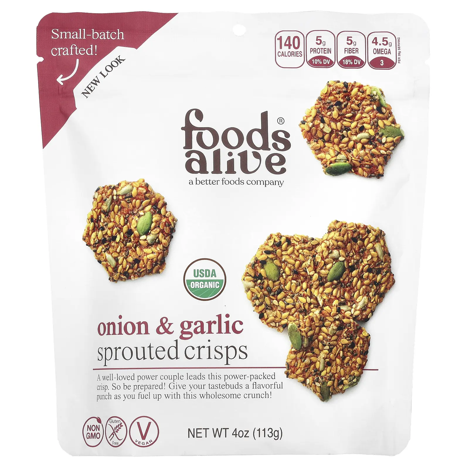 Foods Alive Sprouted Crisps, Onion & Garlic, 4 oz (113 g) Foods Alive Sprouted Crisps, Onion & Garlic, 4 oz (113 g)