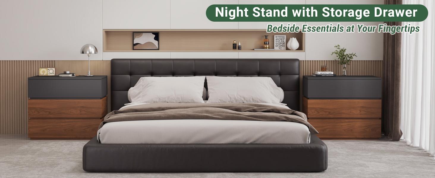 Mid Century Nightstand with 3 Drawers Set of 2, 31.5'' Wide Modular Night Stand Side Table, Walnut & Matte Gray Stacked Installation Engineered Wood Bedside Table for Bedroom