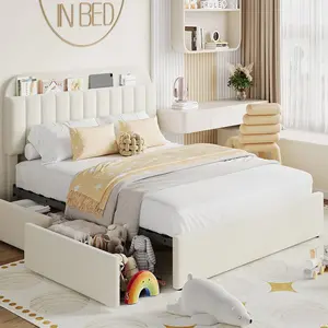 Twin Full Queen Size Boucle Upholstered Platform Bed Frame with Bookcase Headboard & 2 Flexible Storage Drawers, Bed Frame for Kids Girls, No Box Spring Needed, Noise Free, Easy Assembly, Strong Wooden Slat Support