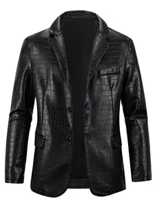 Men's Faux Leather Crocodile Pattern Jacket, Single Row Large Lapel Suit Style, Chest Pocket Decoration PU Leather Coat