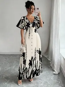 Women’s V-Neck Floral Short-Sleeve Dress with A Cinched Waist—A Fashionable Summer Printed Casual and Comfortable Dress Suitable for Everyday Commuting, Vacations, Parties, and Dates.