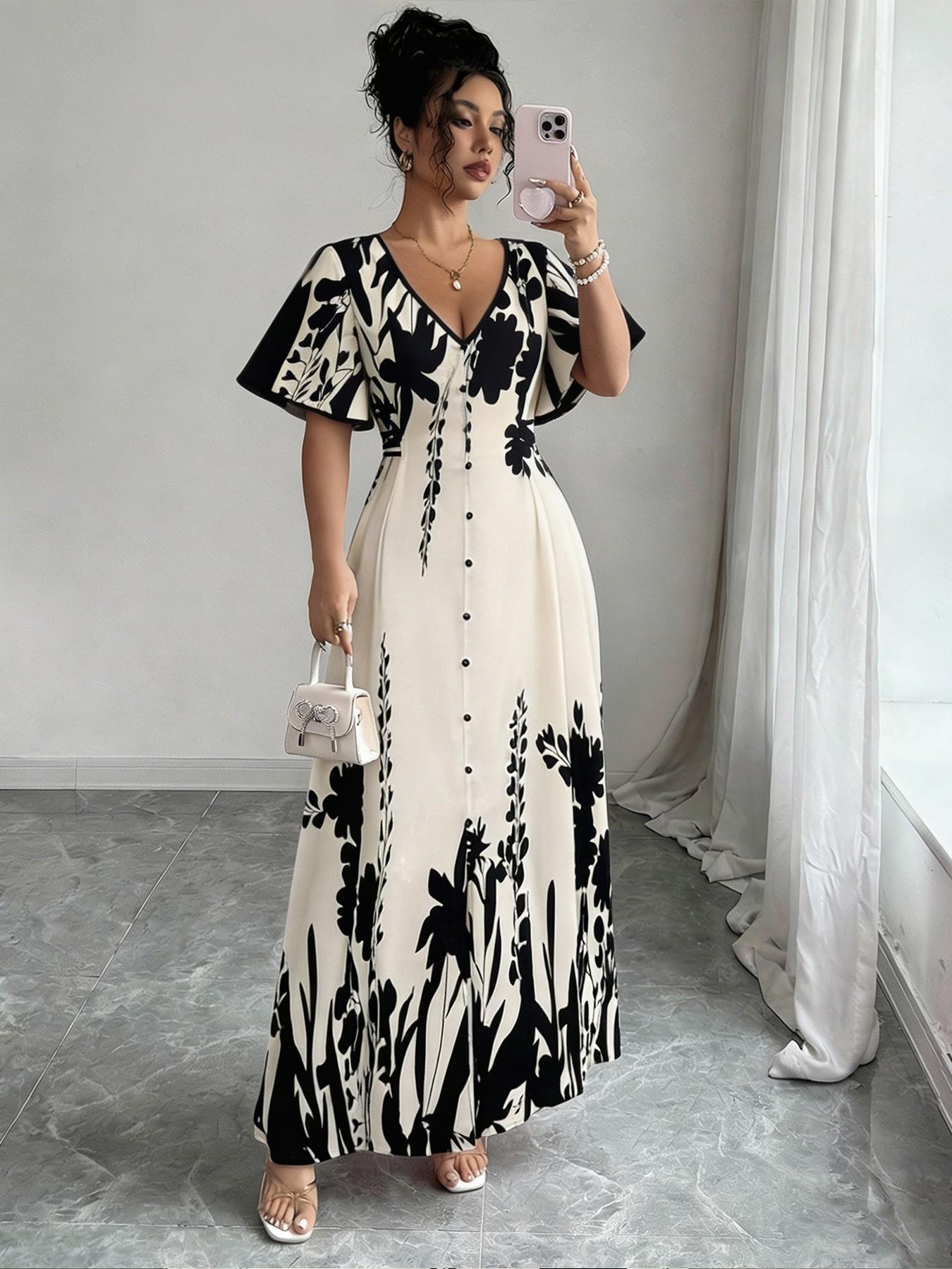 Women’s V-Neck Floral Short-Sleeve Dress with A Cinched Waist—A Fashionable Summer Printed Casual and Comfortable Dress Suitable for Everyday Commuting, Vacations, Parties, and Dates.