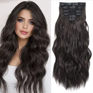 6PCS Clip In Hair Extensions 22 Inch Long Wavy Synthetic Hair Extensions for Women – Thick Double Weft Natural Looking Hairpieces Heat Resistant Fiber