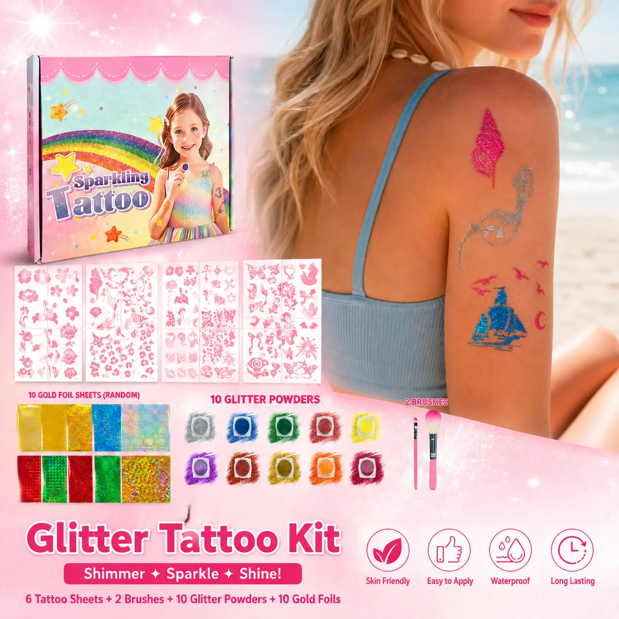 Glitter Tattoo Kit, 60+ Designs Temporary Glitter & Shimmer Body Art Set with 10-Colors, DIY Tattoo Makeup Accessories for Kids Teens Adults, Perfect for Birthday Parties, Music Festivals, Concerts, Halloween, Beach Vacation, and Back to School Party