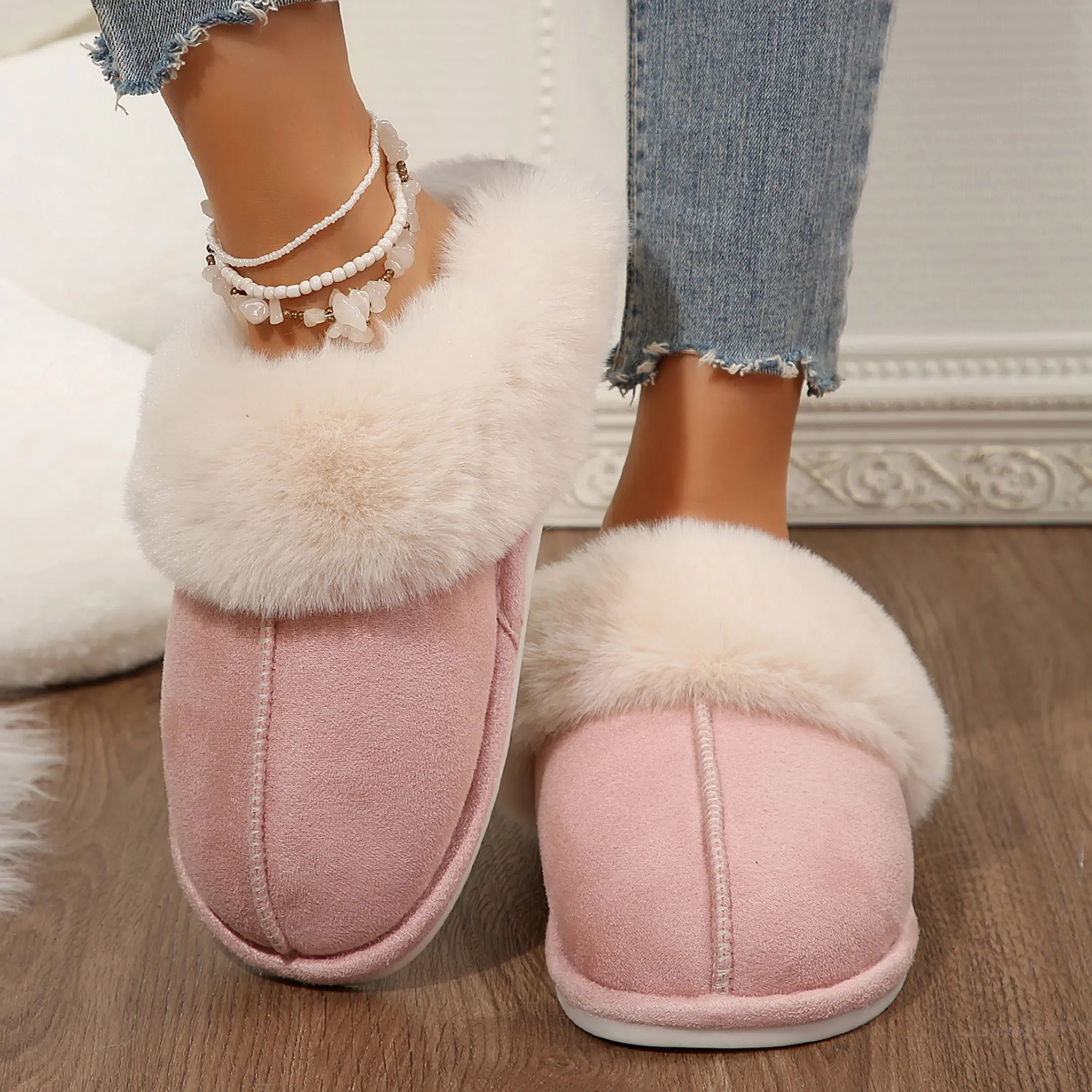 Cozy Women's Plush Fleece-Lined Slip-On Moccasin with Fluffy Detail - Non-Slip Winter Home Slippers on Platform Flat Sole. Walking Shoes Footwear