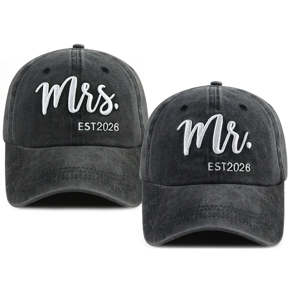 Mr and Mrs Est 2026 Hat Set, Washed Cotton Embroidered Baseball Caps for Couples, Romantic Wedding Gift, Adjustable Bridal Shower Accessory