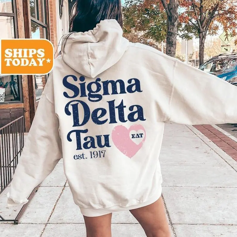 Distressed affection for a Sigma Delta Tau Sorority Hoodie | Greek Clothing | Big Letters for Sig Delt Sorority | Sorority Gear | Loose-fitting Pullover Hoodie