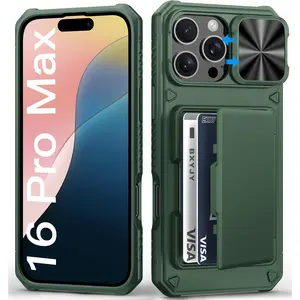 For Iphone 16 Pro Max Wallet Case, Built-In Credit Card Holder (4-5 Cards), Slide Lens Cover, Military Protection, Rugged Heavy Duty Women Men Protective Phone Case for Iphone 16Pro Max, Green BXYJY