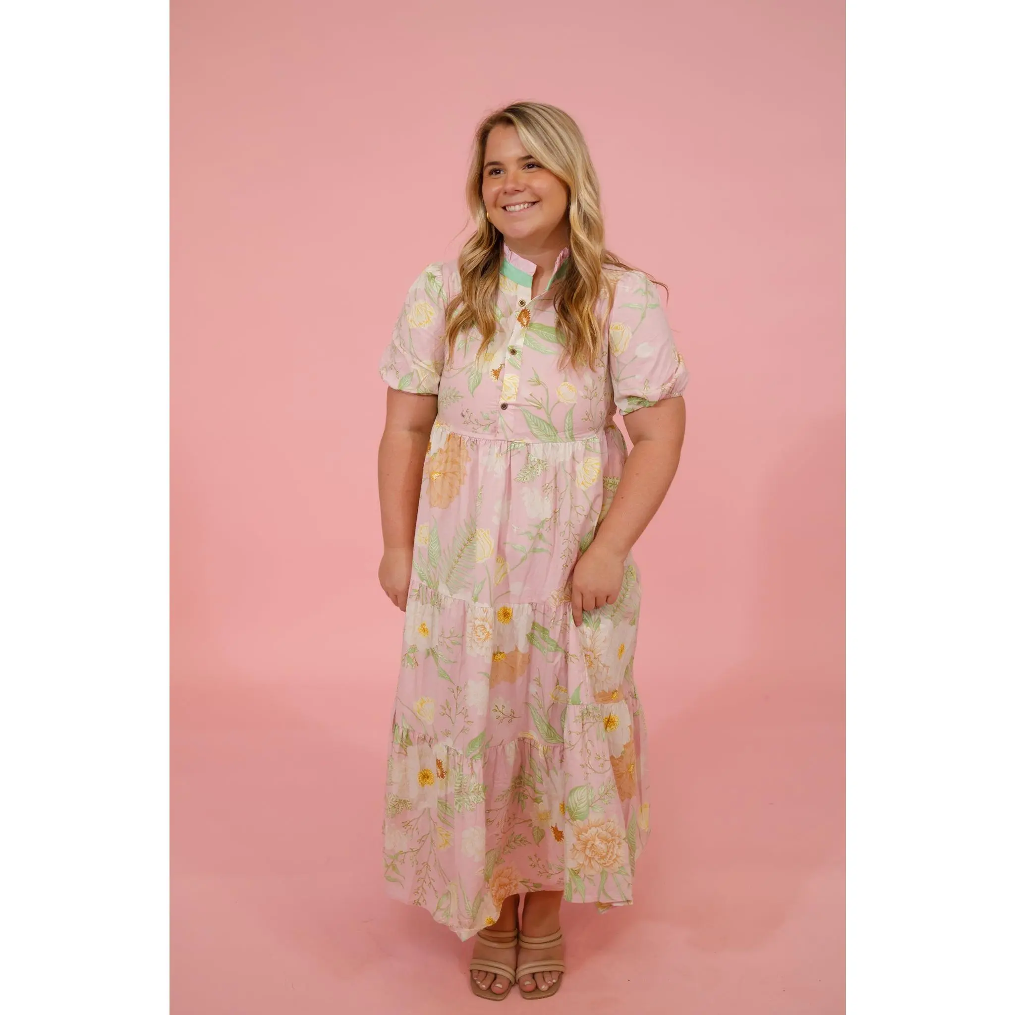 Pink and Green Multi Floral Tiered Midi Dress