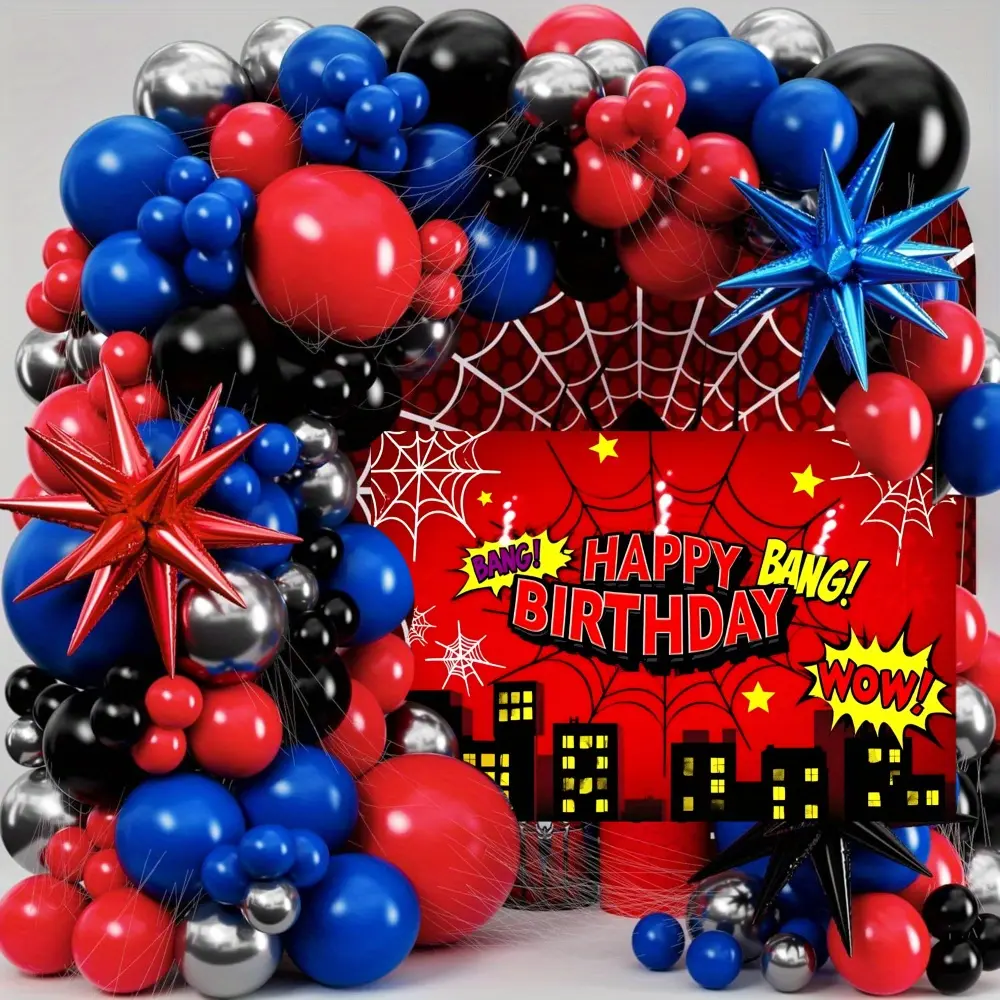 Black, Red, and Blue Spider-Themed Decorations Set of 112 Featuring Balloons and Backdrop for Happy Birthday Celebration with Spider Web Design