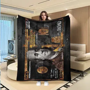 Vintage Gold $100 Bill Flannel Figure Print Blanket, Franklin Headprint, Money Theme, Soft Warm Nap Blanket, Bedroom Sofa Decor, Multi-Purpose Throw