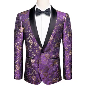 AILISUS Hipster Single Breasted Men's  Purple Suit Golden Flowers Lapel Blazer With Pockets Soft Casual Party Dinner Menswear Tops Jacket Formal Long Sleeve