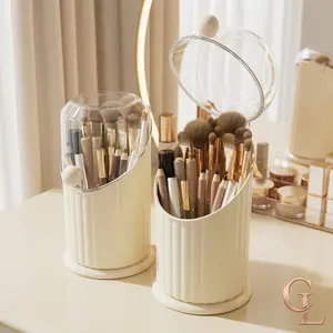 Clario "Serenity" Slanted Makeup Brush Holder with Lid — Dustproof Aesthetic Vanity Organizer for Skincare Health. This High Clarity Brush Sanctuary is Perfect for Dorm Essentials and Home Office Decor. Skincare Safe Beauty Container