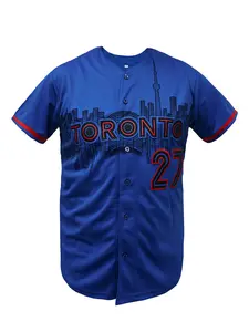 Men's Blue Baseball Jersey Sewing Embroidery Loose Uniforms Breathable Outfits Casual Sports Short Sleeves Shirts Buttons Toronto, Stylish Jersey, Sports Top, Athletic Tops