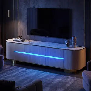 FUFU&GAGA 82.7" Modern LED TV Stand with Marble Top, Wood Media Console with Power Outlets, Gold Accents