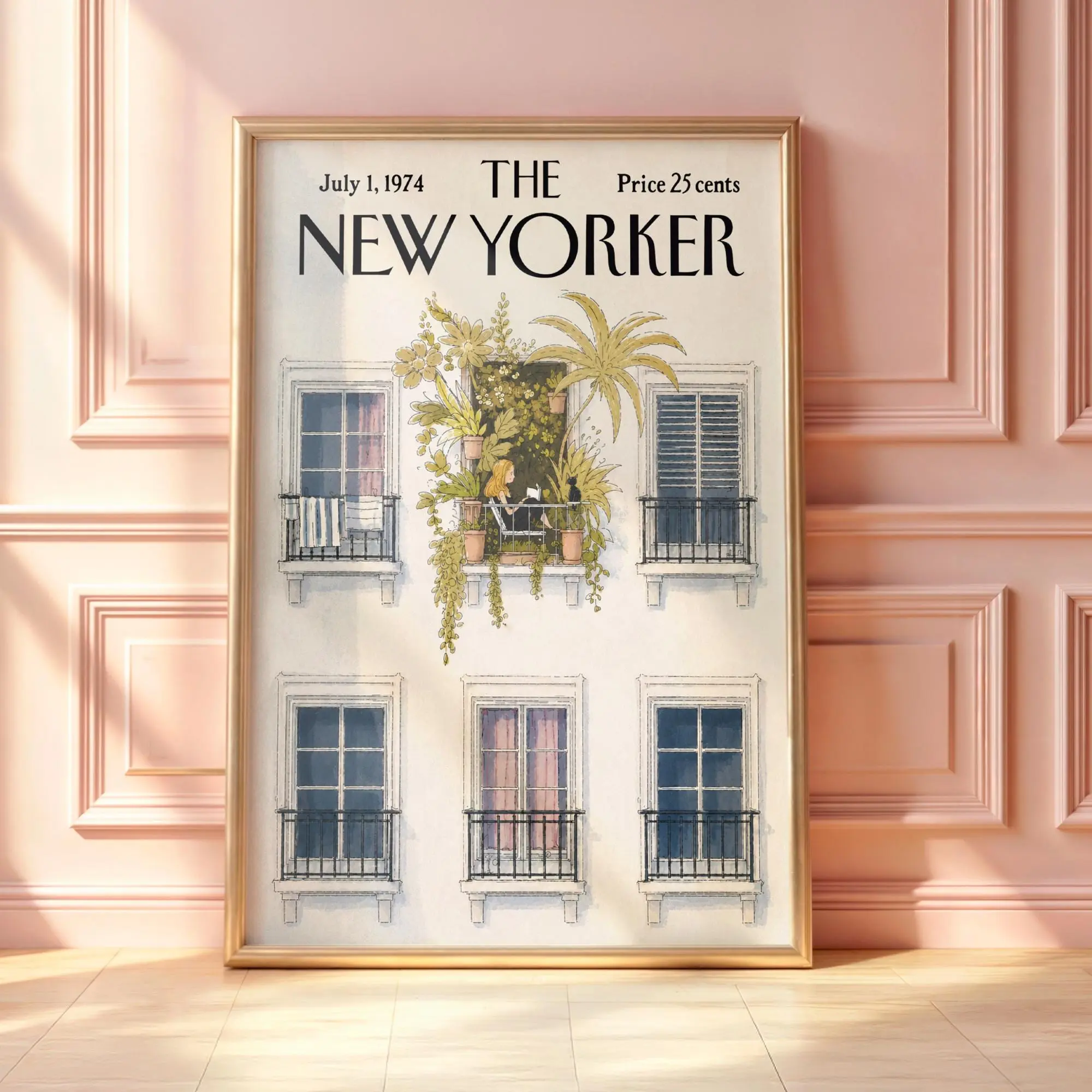 Vintage New Yorker Poster, Retro Apartment Balcony Reading Woman Plant Wall Print, Cozy Urban Jungle Window Wall Art, Mid-Century Magazine