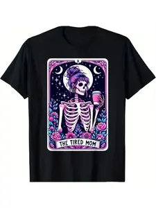 Men's & Women's Tired Mom Tarot Card T-Shirt - Gothic Mom Art with Coffee Skull Design, 100% Preshrunk Cotton, Soft Casual Round Neck Tee for Mothers Day, Halloween, Christmas Gift (S-XXXL) |   Year-Round Comfortable Short Sleeve Top