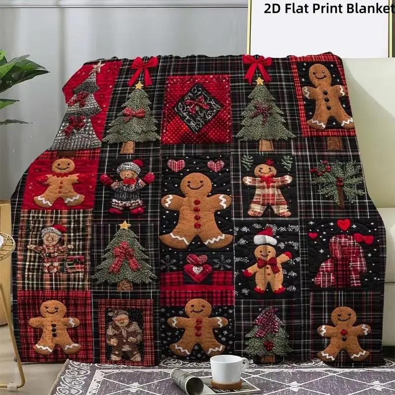 Christmas Buffalo Plaid Gingerbread Man Christmas Tree Print Flannel Blanket Soft Plush Warm Throw Blanket, Vintage Quilt Block Xmas Gift Heart Decor Couch Bedroom Nap Blanket, Giftable Farmhouse Winter Holiday Home Comfort Blanket for All Seasons