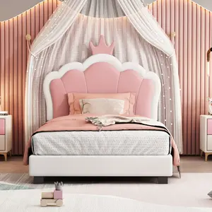 Pink Princess Bed Frame Twin Size Upholstered Crown Headboard Platform Bed for Girls & Teens Cream Pink Princess Bedroom Furniture Easy Installation No Tools Required