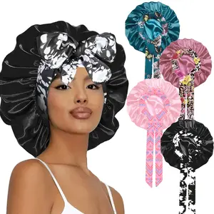 Lace Long-Tail Ribbon Satin Nightcap with Bow High Elasticity Fashionable Printed Women's Headwrap Bonnet Gift Shower Personal Shower Personal Shower Personal