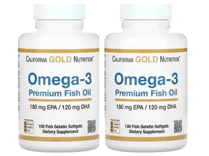California Gold Nutrition Omega-3, Premium Fish Oil, 180 mg EPA / 120 mg DHA Concentrated Triglyceride Form, 100 Fish Gelatin Softgels (2 Pack)