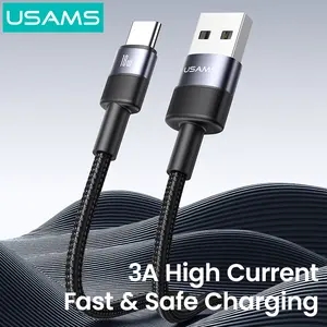 USAMS USB to Type C Fast Charging Data Cable - 3A Current, 18W Power, 480Mbps Data Transfer, Nylon Braided Cable with Extended Mesh Tail, Compatible with Huawei, Xiaomi, Samsung & Android Devices, Passed 10000+ Plug and Unplug Tests & 5000+ Bending Tests