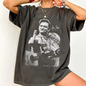Johnny Cash Middle Finger T-Shirt, Vintage Graphic Shirt, Unisex Oversized Tee, Retro Outlaw Country Fan Outfit, Concert Inspired Apparel